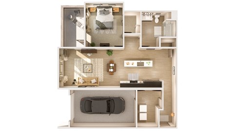 a 3D floor plan with a car in the bedroom and a living room at Cuvee, Glendale Arizona